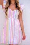 Striped Button Sweetheart Flutter Sleeve Dress