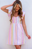 Striped Button Sweetheart Flutter Sleeve Dress