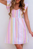 Striped Button Sweetheart Flutter Sleeve Dress