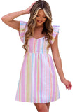 Striped Button Sweetheart Flutter Sleeve Dress