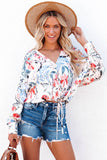 White Floral Print Drape Crop Blouse