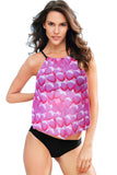 Mesh Petal Print Top Tankini Swimsuit