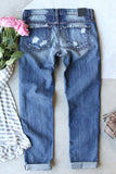 Sky Blue Christmas Tree Splicing Distressed Boyfriend Jeans