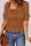 Khaki Floral Lace Crochet Ruffled Shirred Square Neck Top