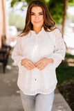 White Sheer Texture Pearl Button Blouse