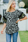 Olive Green Leopard Ruffled Sleeves Top