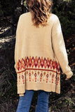 Beige Boho Inspired Geometric Aztec Pattern Knit Cardigan