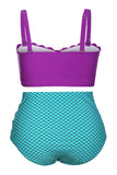 & Blue Scalloped Detail High Waist Swimsuit