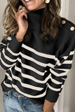 Striped Turtleneck Long Sleeve Sweater with Buttons