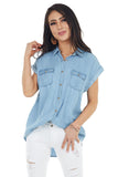 Short Sleeve Buttoned Denim Shirt with Pocket