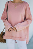 Pink Frayed Trim Side Slit Loose Sweatshirt