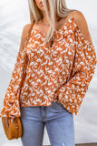 Tie Neck Cold Shoulder Flare Sleeve Floral Blouse