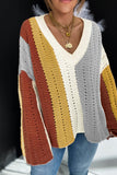 color Color Block Patchwork V Neck Knit Sweater