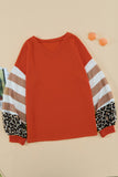 V Neck Leopard Stripe Splice Lantern Sleeve Top