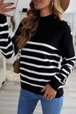 Striped Turtleneck Long Sleeve Sweater with Buttons