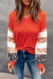 V Neck Leopard Stripe Splice Lantern Sleeve Top