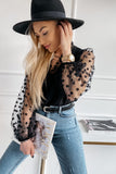 Lace Contrast V Neck Puffy Sleeve Blouse