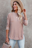 Crew Neck Ribbed Trim Waffle Knit Top