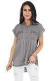 Short Sleeve Buttoned Denim Shirt with Pocket