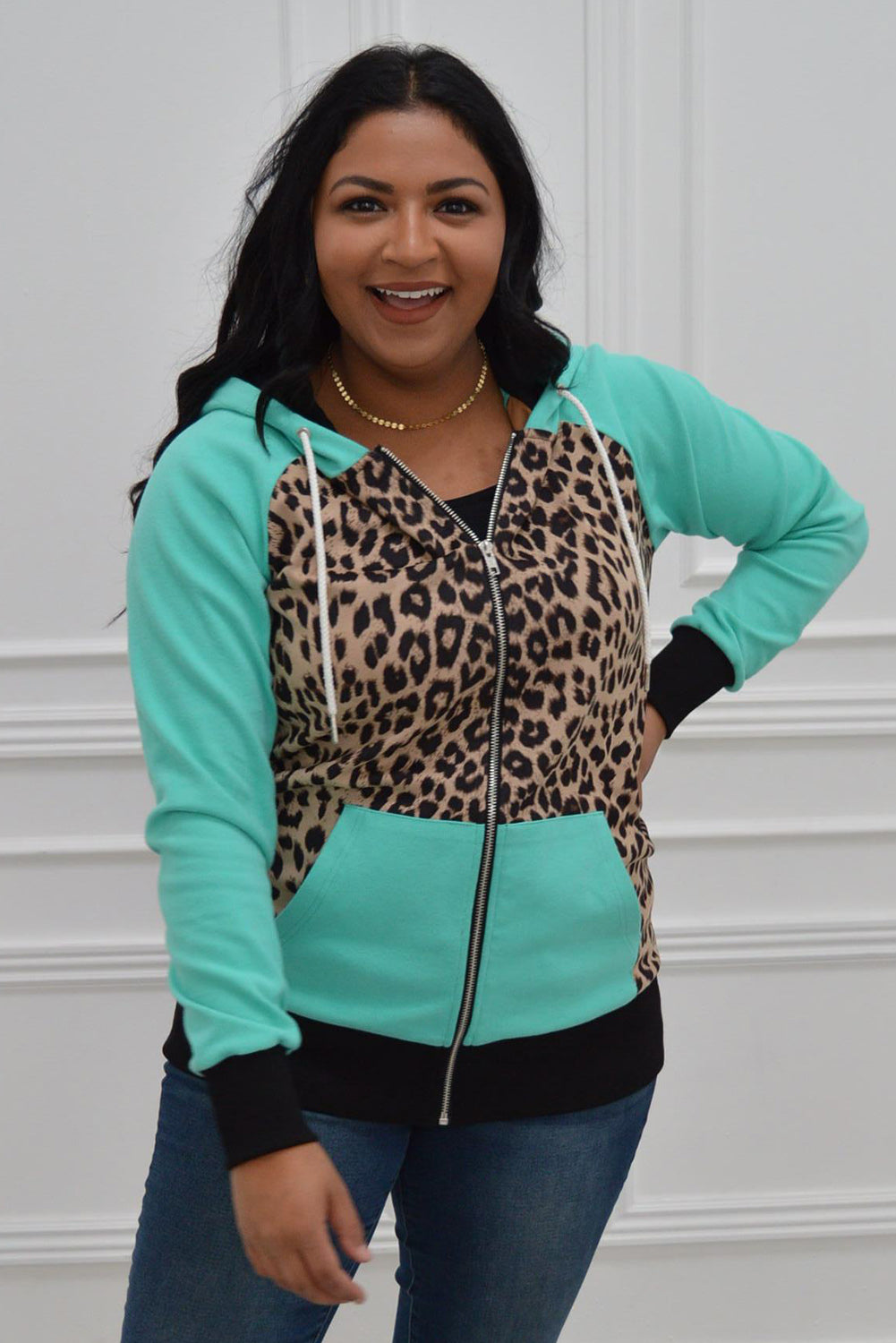 Leopard Patchwork Zipped Pockets Plus Size Hoodie ALELLY