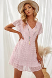 Polka Dot V Neck Ruffled Short Sleeves Mini Dress