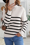 Striped Turtleneck Long Sleeve Sweater with Buttons