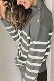 Striped Turtleneck Long Sleeve Sweater with Buttons