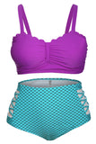 & Blue Scalloped Detail High Waist Swimsuit