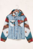 color Aztec Print Frayed Hem Denim Jacket