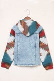 color Aztec Print Frayed Hem Denim Jacket