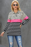 Khaki Leopard Striped Zip Collar Pullover Sweatshirt