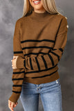 Striped Turtleneck Long Sleeve Sweater with Buttons