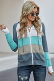 Sky Blue Zipped Front Colorblock Hollow-out Knit Hoodie