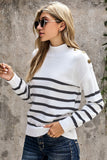 Striped Turtleneck Long Sleeve Sweater with Buttons