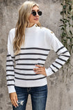 Striped Turtleneck Long Sleeve Sweater with Buttons