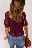 Red Floral Lace Crochet Ruffled Shirred Square Neck Top