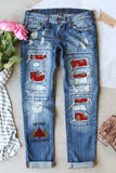 Sky Blue Merry Christmas Tree Leopard Patchwork Distressed Jeans