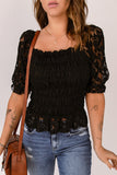 Black Floral Lace Crochet Ruffled Shirred Square Neck Top