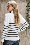 Striped Turtleneck Long Sleeve Sweater with Buttons