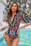 Print Zip Front Half Sleeve One Piece Swimsuit