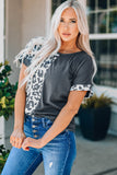 Leopard Block Patchwork Roll-up Sleeve T-shirt