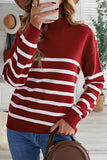 Striped Turtleneck Long Sleeve Sweater with Buttons