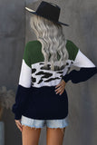 Green Color Block Leopard Splicing Sweater