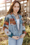 color Aztec Print Frayed Hem Denim Jacket