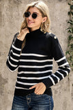 Striped Turtleneck Long Sleeve Sweater with Buttons