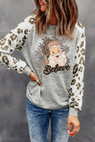 Believe Santa Clause Graphic Leopard Sleeve Top