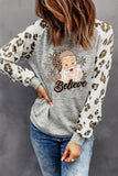 Believe Santa Clause Graphic Leopard Sleeve Top