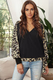 Leopard Splicing V-neck Lantern Sleeve Waffle Knit Sweatshirt