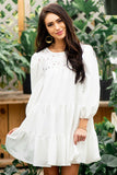 Eyelet Lace Yoke Mini Dress with 3/4 Bubble Sleeves