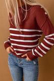 Striped Turtleneck Long Sleeve Sweater with Buttons